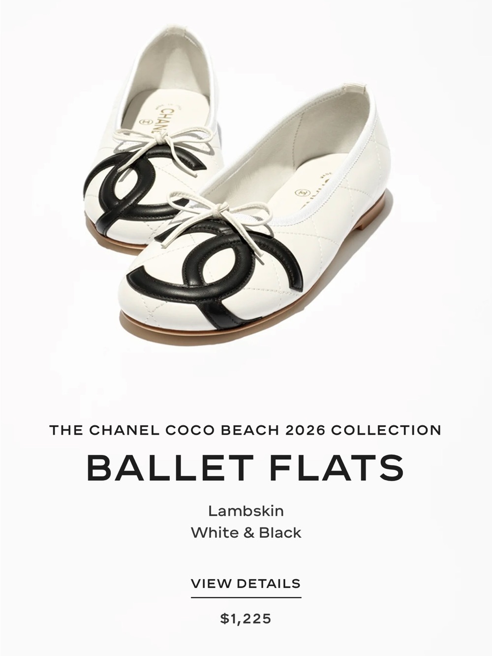 CHANEL White & Black Quilted Lambskin Ballet Flats NEW Coco Beach